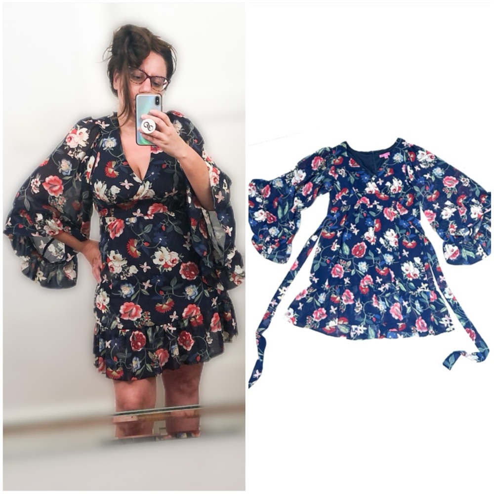 Betsey Johnson Coquette Floral Print Boho Wrap Tie Ruffle Bambi Mini Dress - Picture 1 of 9